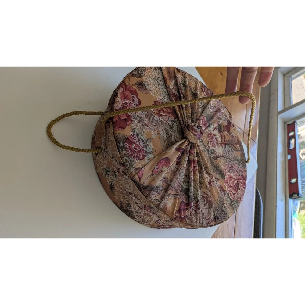 Raymond Waites Once Upon a Rose Floral Tapestry Round Storage Hat Box Gold Cord